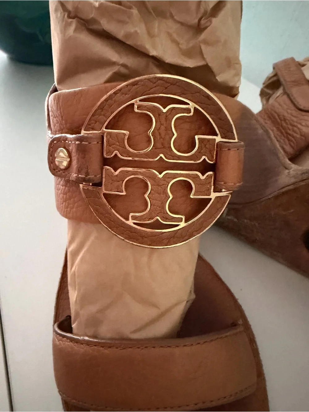 Tory Burch Brown Leather Heeled Sandals with Gold Logo Medallion